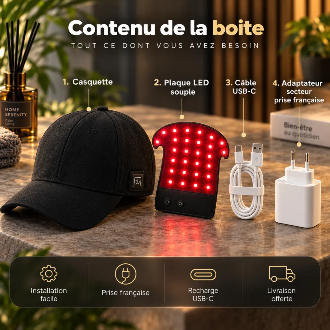 Contenu de la boîte de la Casquette Lumière Rouge Nomade : casquette, plaque à diodes, câble USB-C, adaptateur secteur