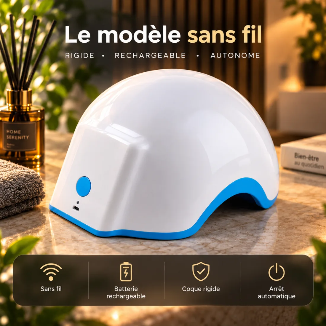 Casque Lumière Rouge Pro Vita-Soin : coque rigide blanche, rechargeable et sans fil