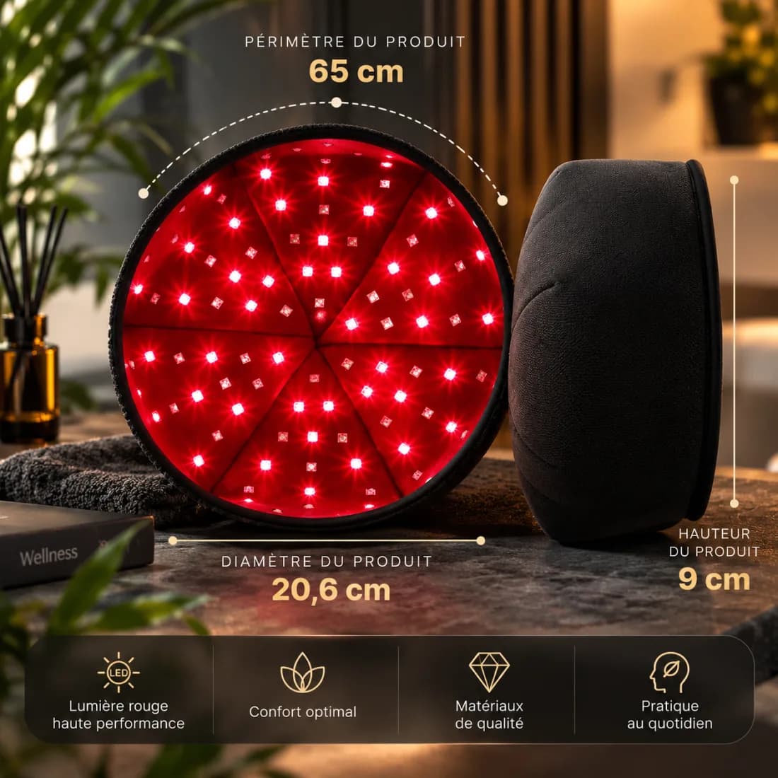 Casque Lumière Rouge Souple Vita-Soin : diodes rouges allumées et dimensions de la coiffe