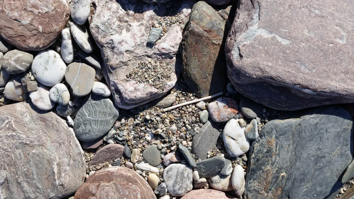 Petite tige blanche de coton-tige échouée entre des galets et des cailloux, sur une plage du Devon