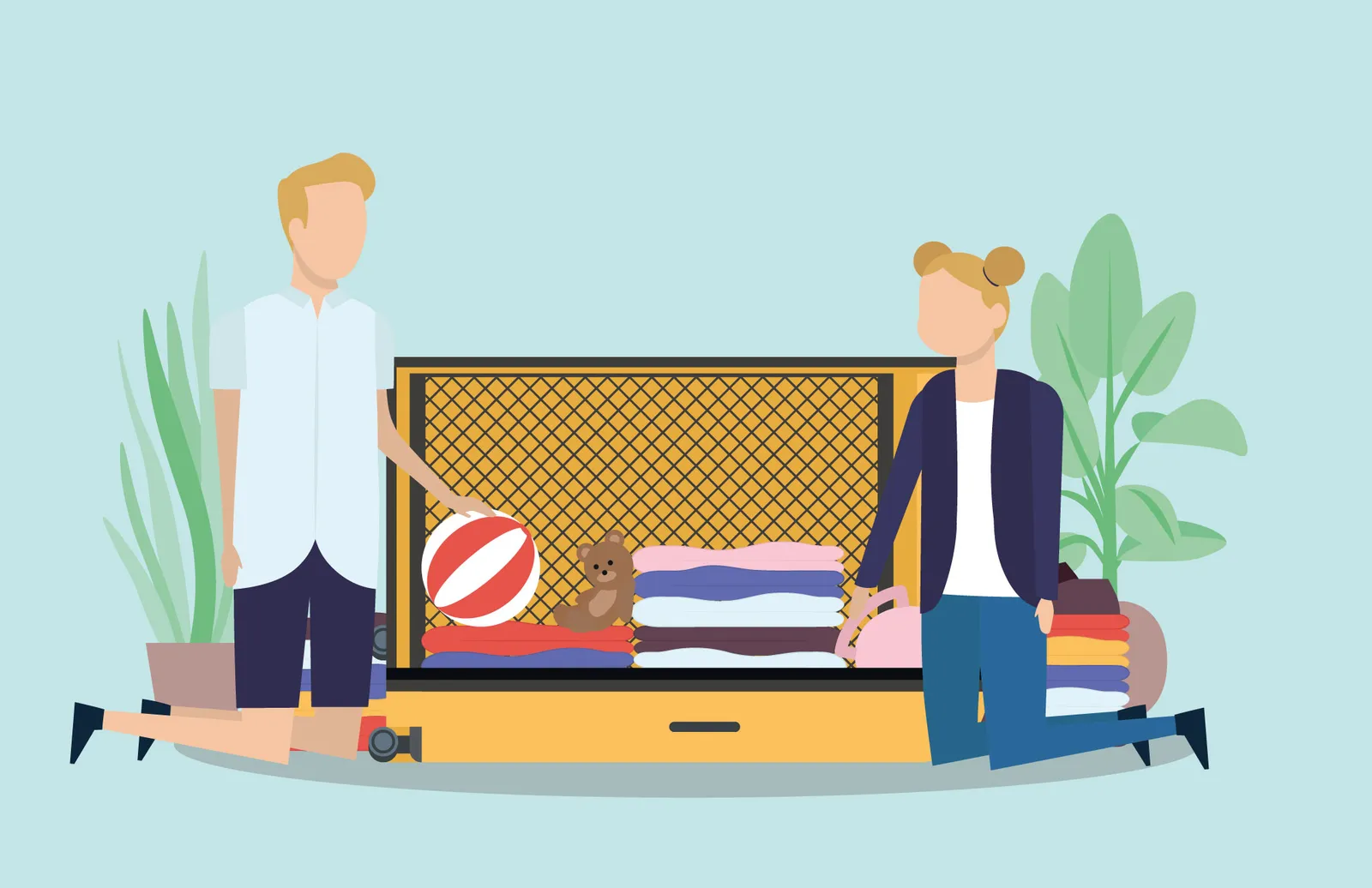 Illustration de deux adultes qui rangent des vêtements pliés et des jouets dans une valise ouverte, devant des plantes vertes