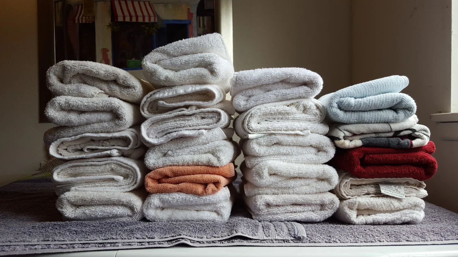 Piles de serviettes éponge pliées, blanches et colorées, posées sur un tapis gris devant une fenêtre