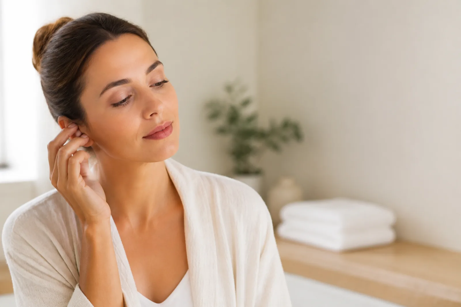 Femme sereine dans une salle de bain lumineuse, la main posée près de l'oreille