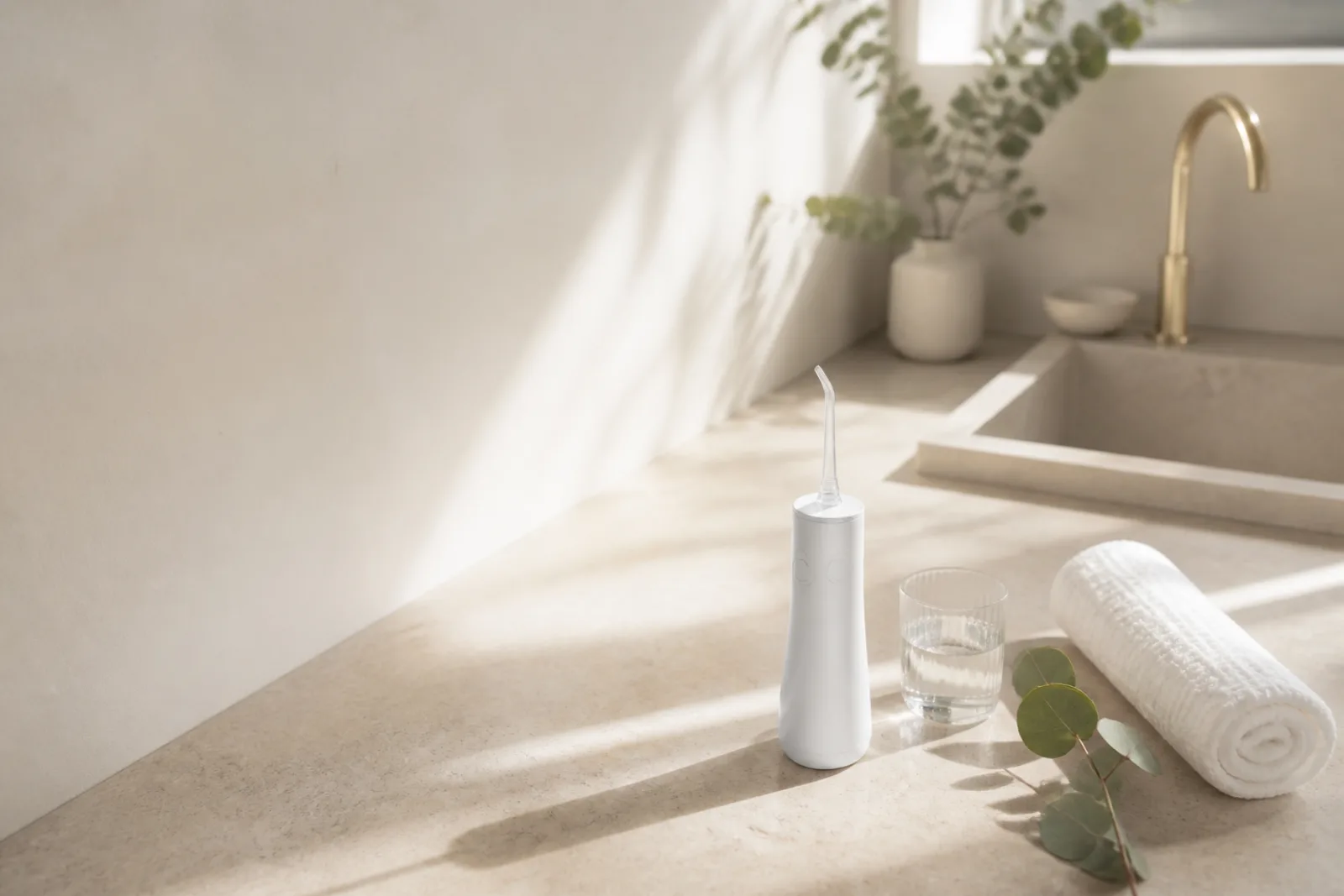 Nettoyeur d'oreilles par irrigation posé sur un plan de vasque clair, à côté d'un verre d'eau et d'une serviette roulée